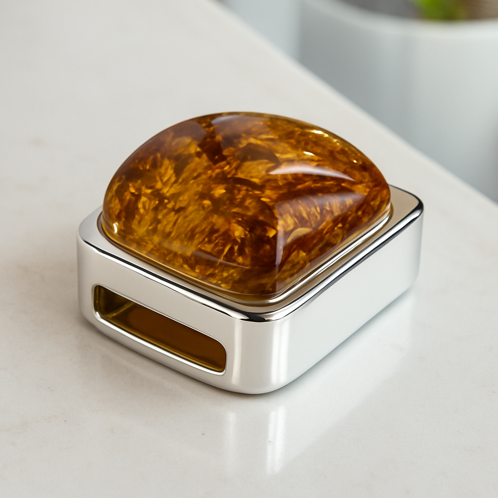 Decorative object with amber-colored top on a white surface