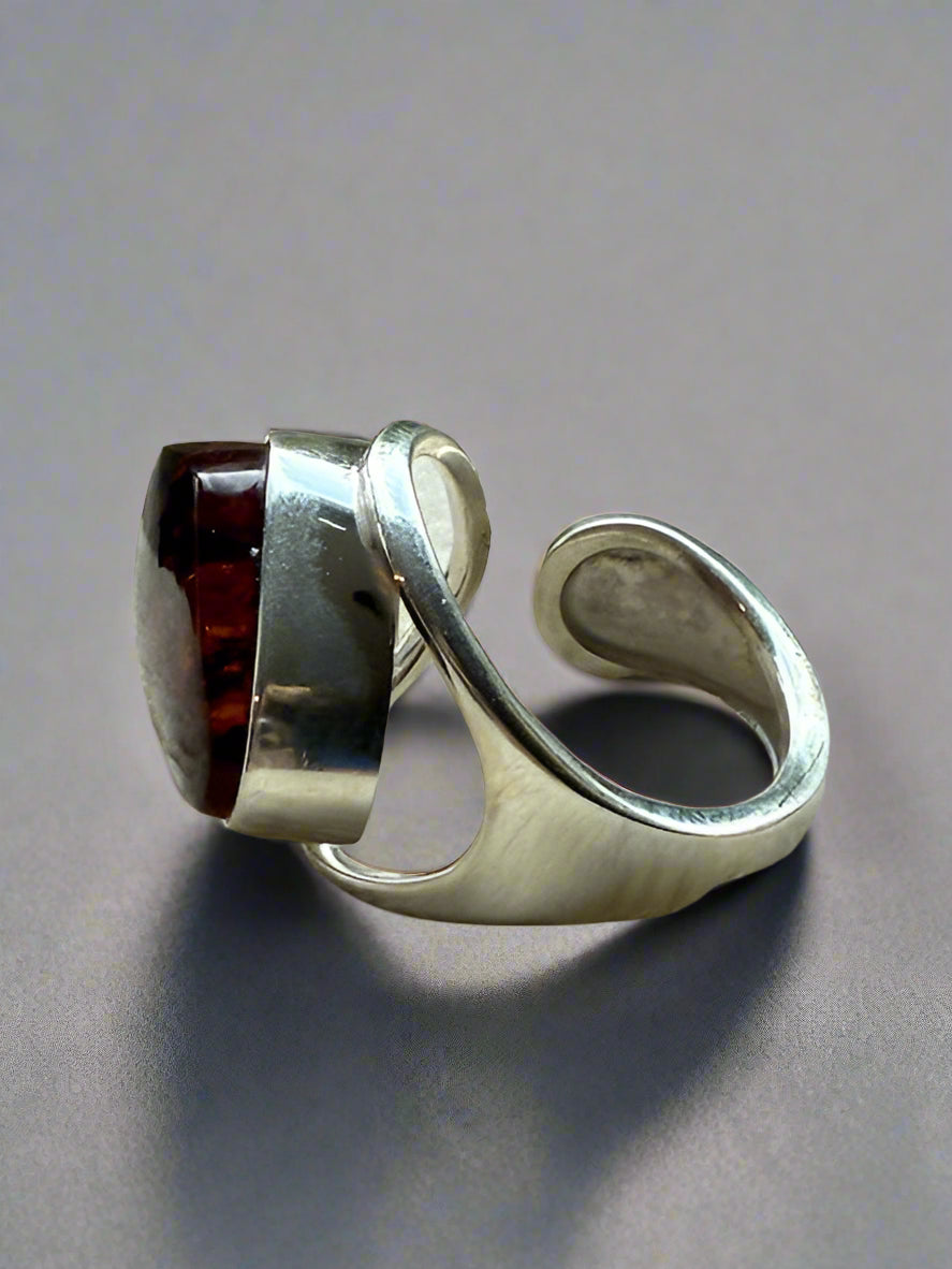 Deep Cognac Amber & Sterling Silver Spiral Ring