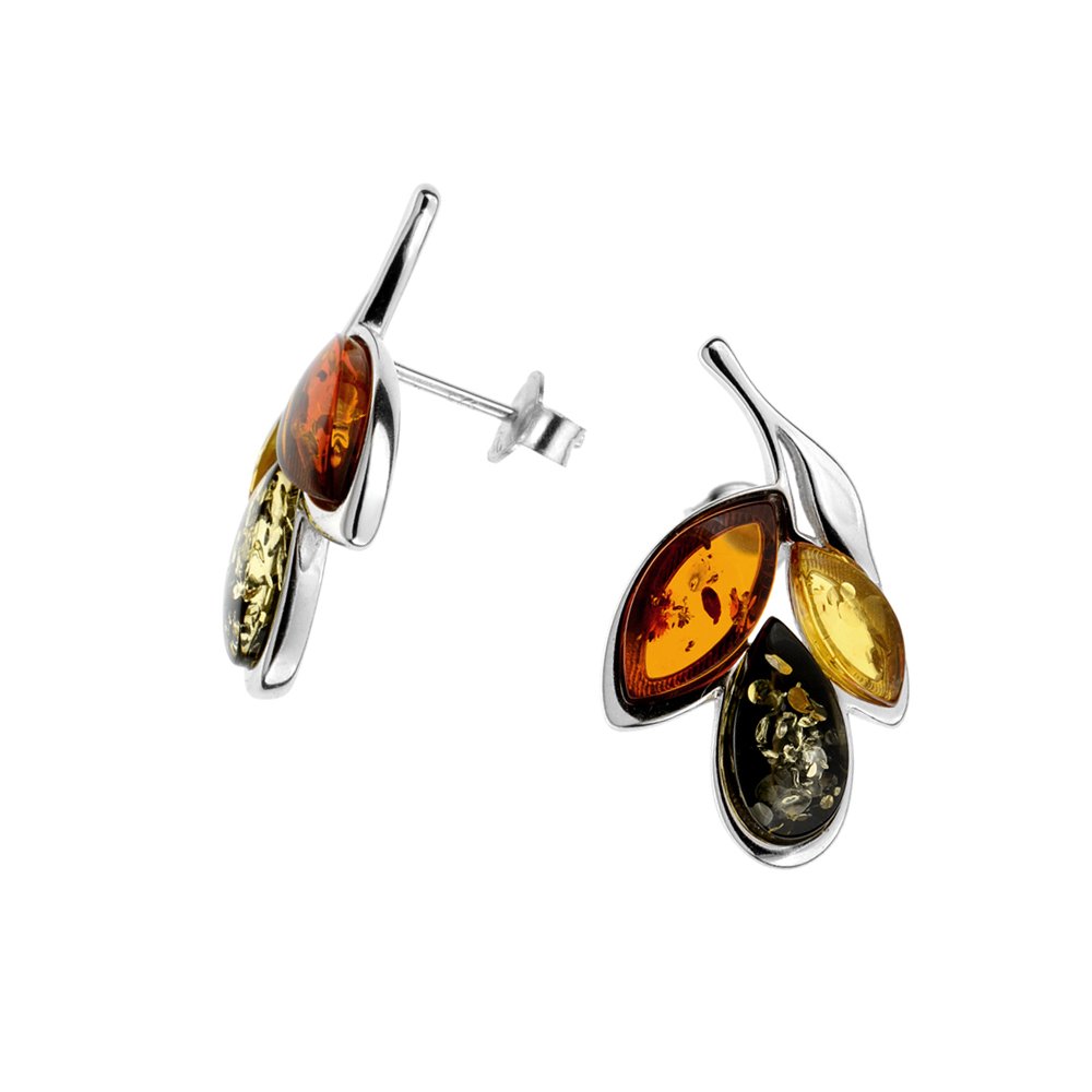 A pair of sterling silver earrings with three amber stones each, displayed against a white background.