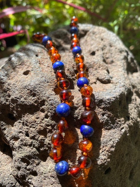 Cognac Amber, Lapis Lazuli Baby necklace - Amber House