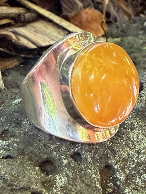 Milky Golden Amber & Sterling Silver Statement Ring