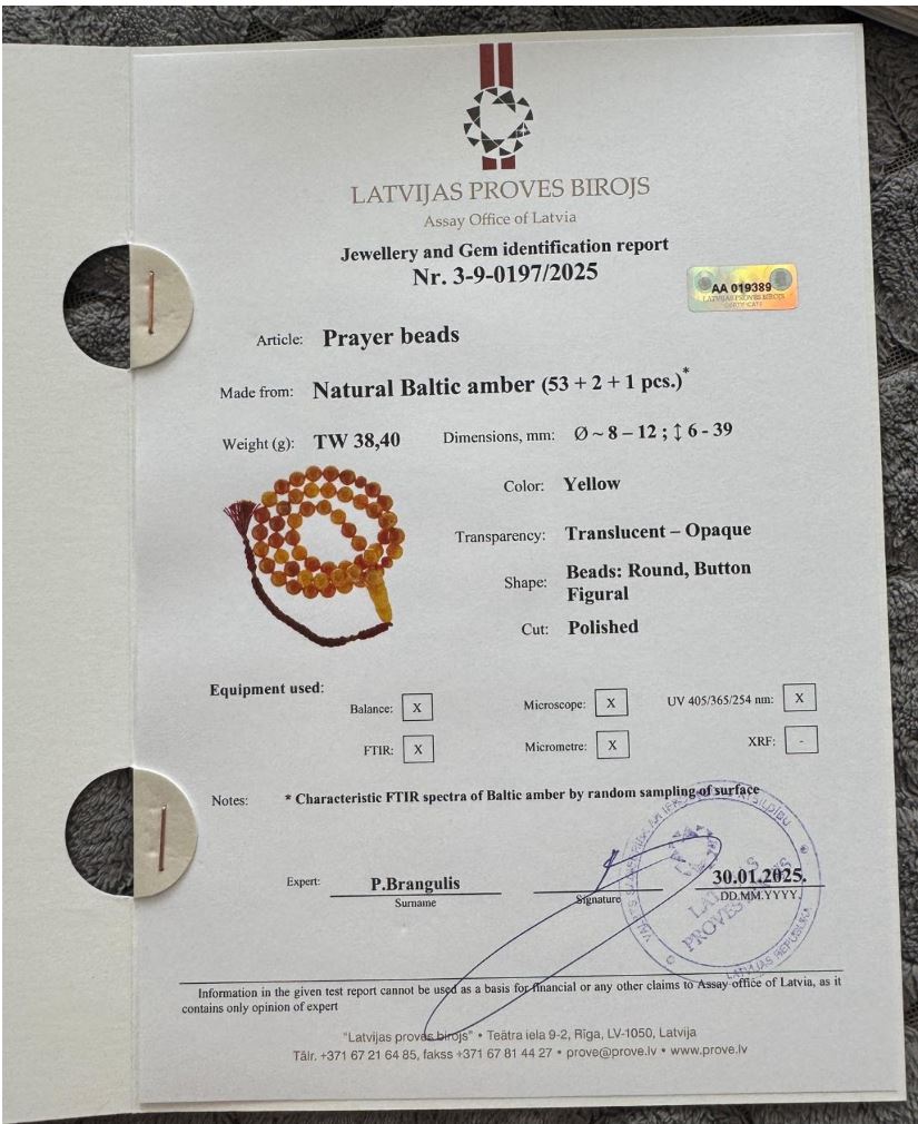 Jewellery identification report for prayer beads made from natural Baltic amber