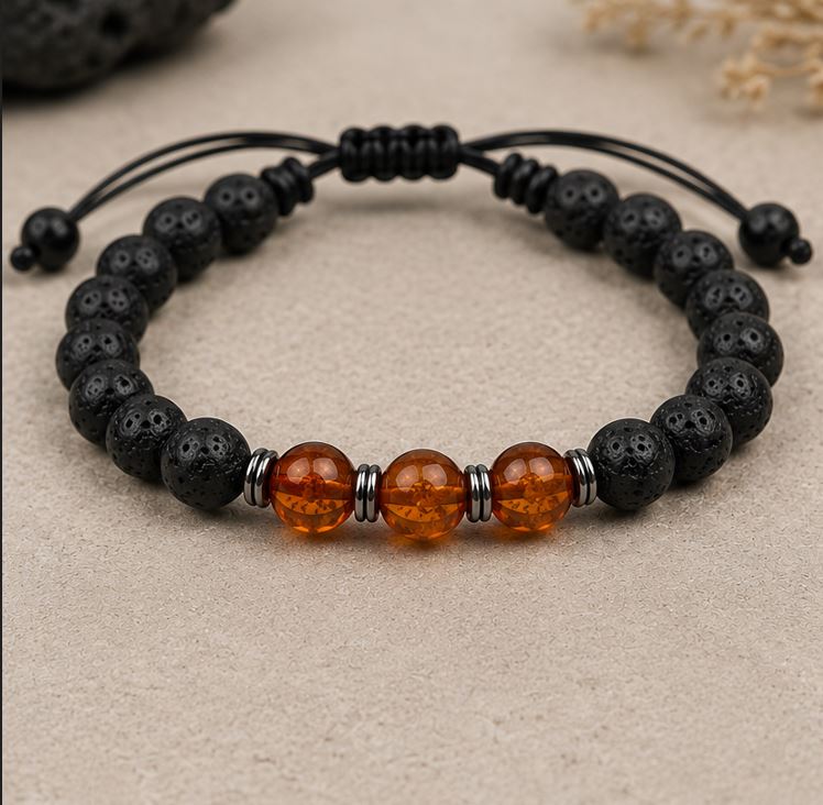 Adjustable Lava Stone & 3 Baltic Amber Bead Bracelet