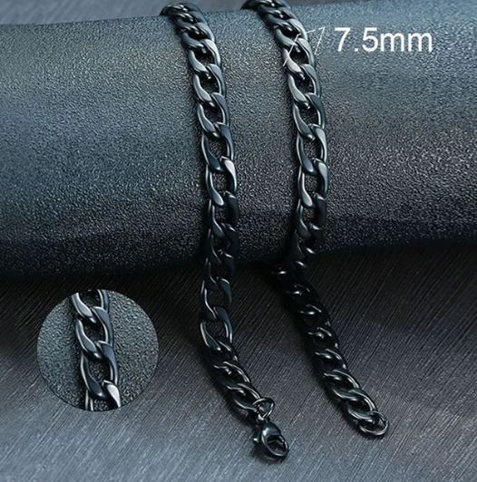 A black chain men's necklace made from stainless steel, displayed on a textured surface, with a focus on the clasp and a measurement of 7.5mm provided.