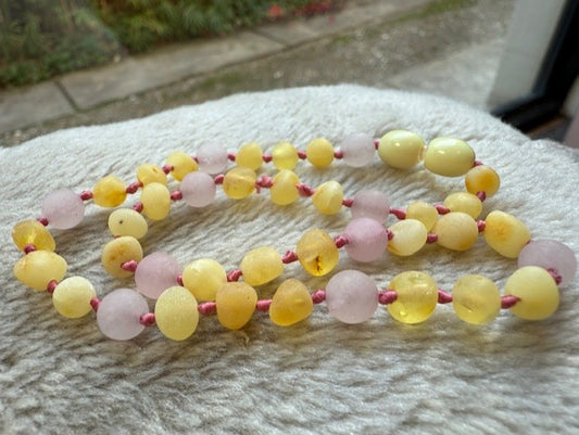 Raw Rose Quartz and lemon amber necklace