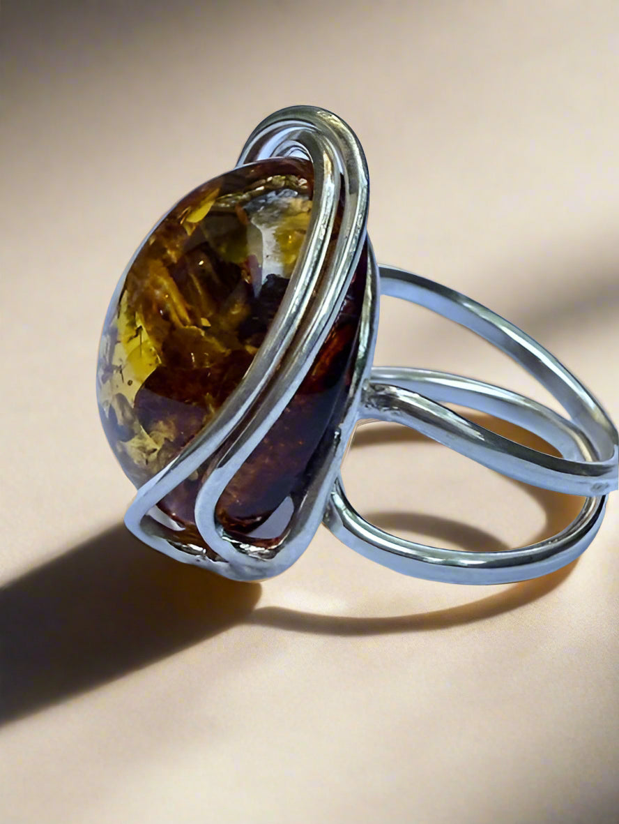 Honey Silver Amber Ring