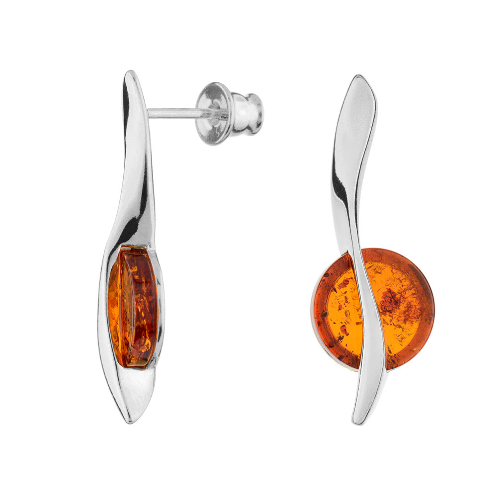 Round Silver Amber Earrings