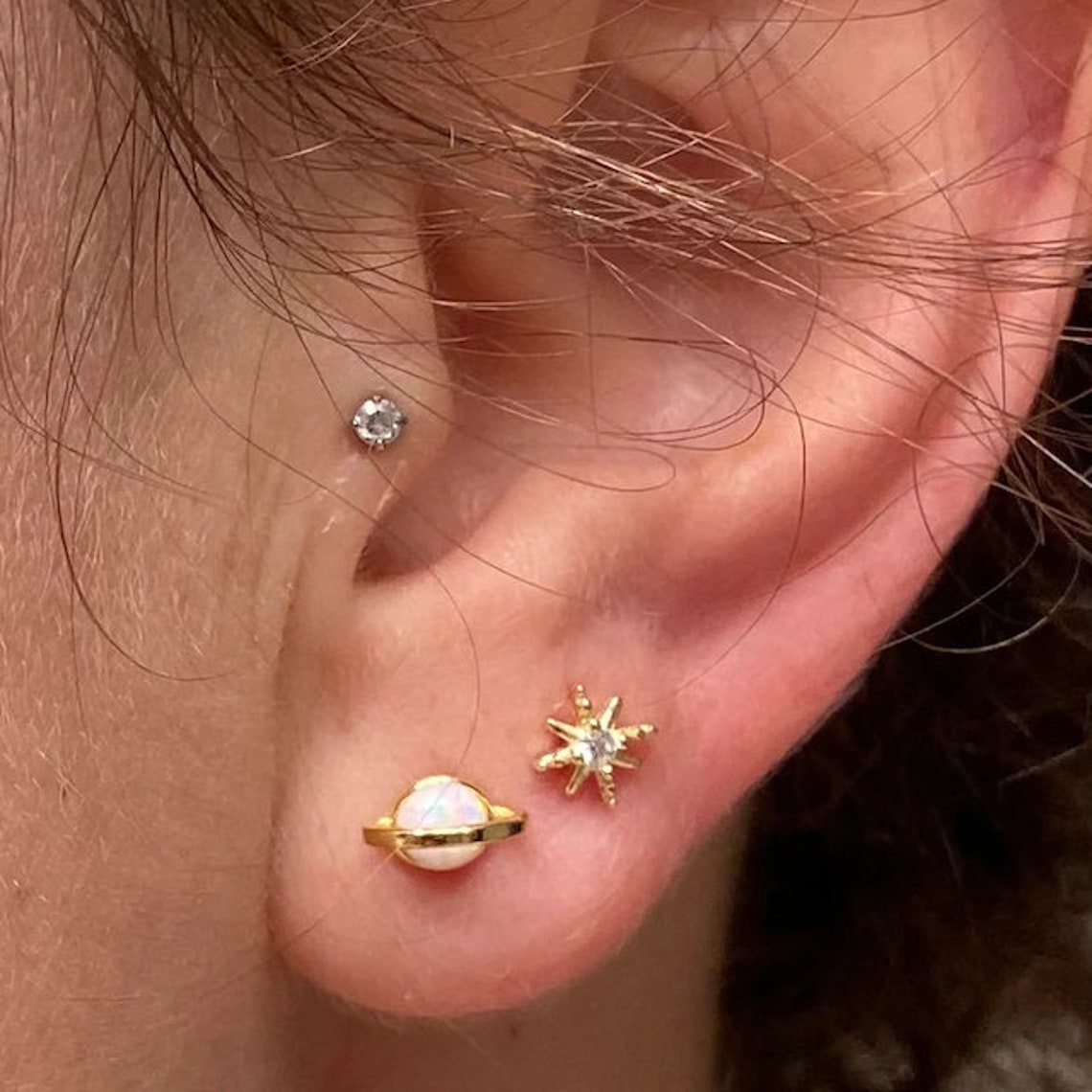 White Opal Saturn Stud Earrings- Gold - Amber House