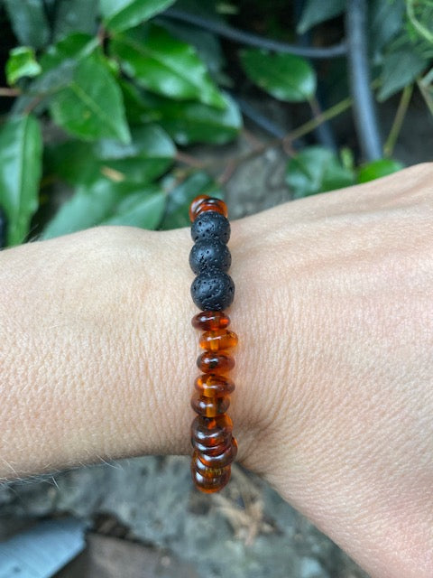 Men's Cognac Amber and Lava Rock Bracelet 8 mm - Amber House