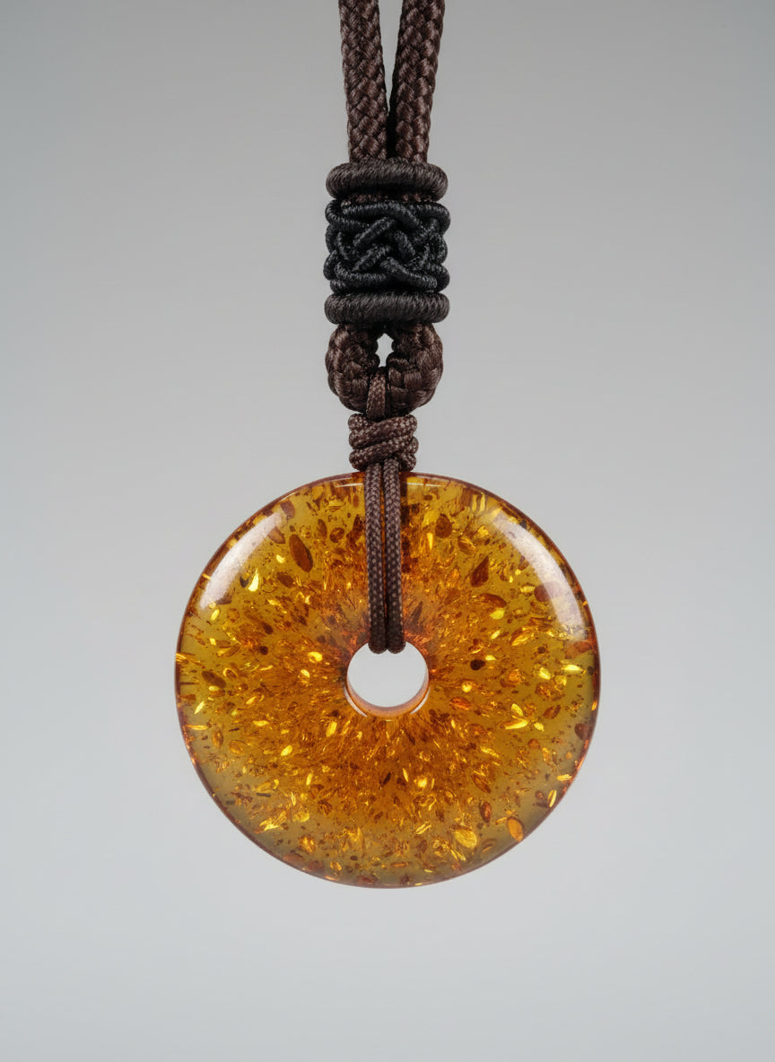 Amber-colored pendant on a brown cord against a white background