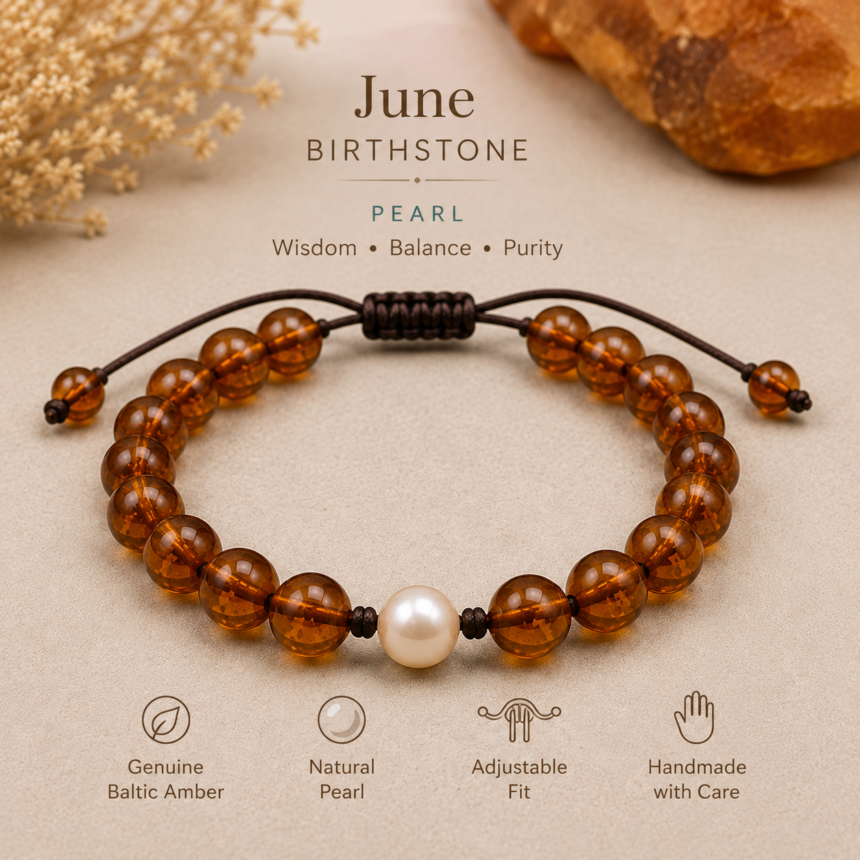 June Birthstone Amber Mens Bracelet
