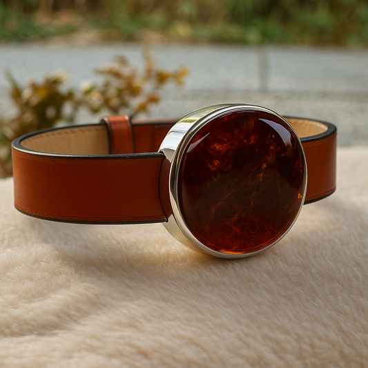 A man's bracelet with a rectangular amber stone set in a sterling silver bezel, attached to a brown leather strap, displayed on a furry surface.