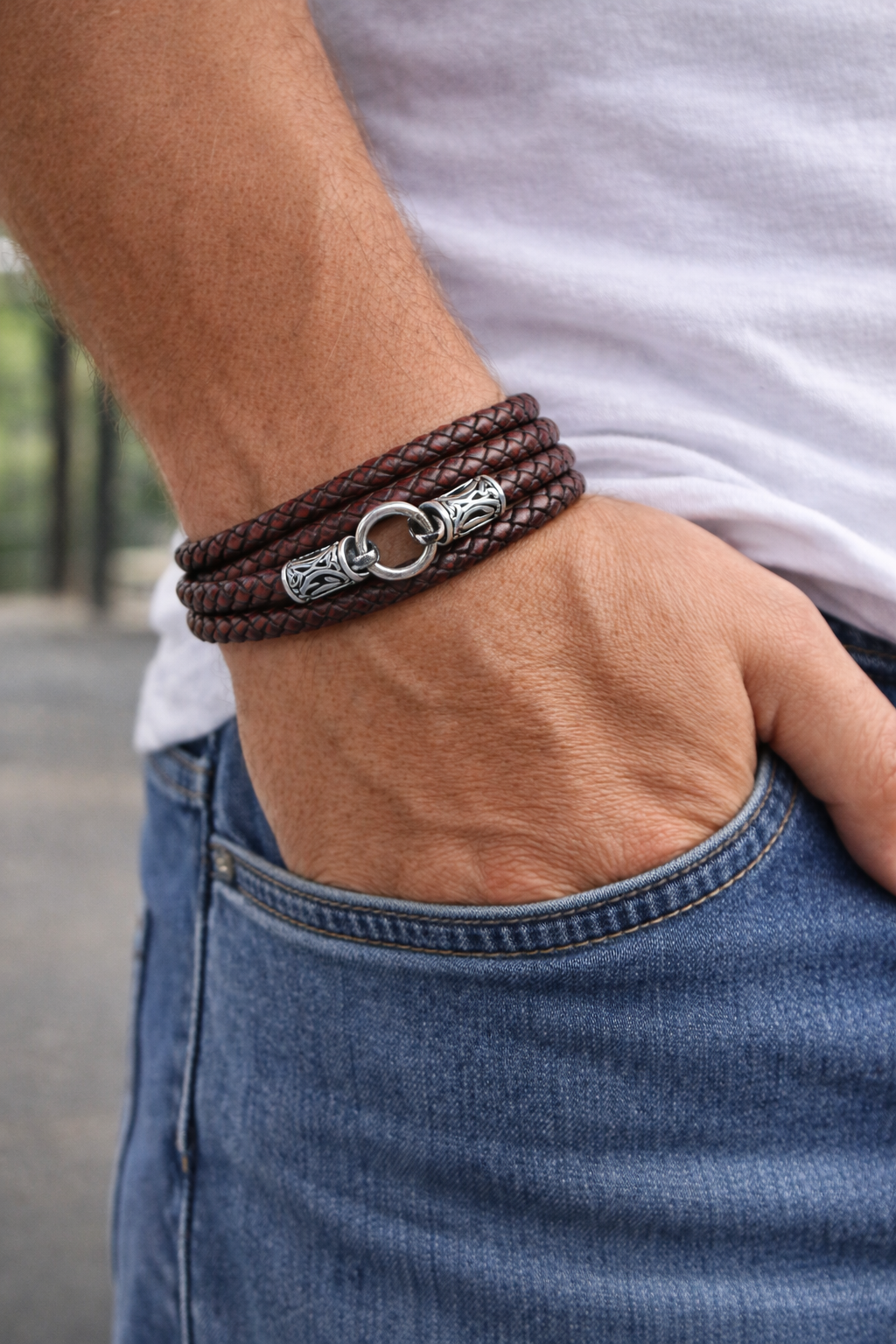 Men’s Triple-Wrap Braided Leather Bracelet with Engraved Silver Clasp
