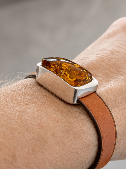 Men’s Amber & Leather Bracelet – Sterling Silver Bezel