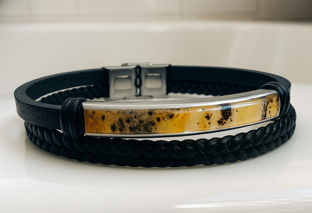 Black braided leather bracelet with a silver and yellow accent on a white surface.