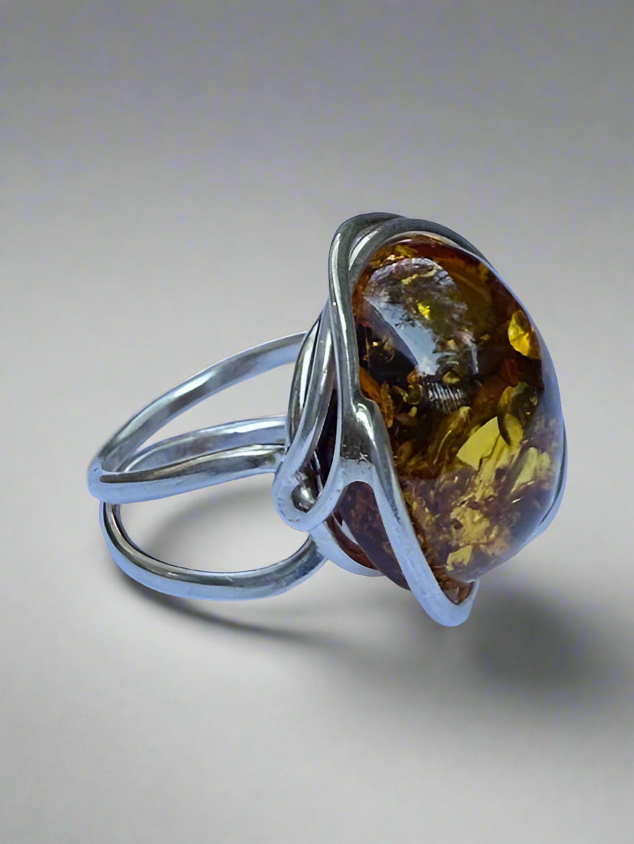 Honey Silver Amber Ring