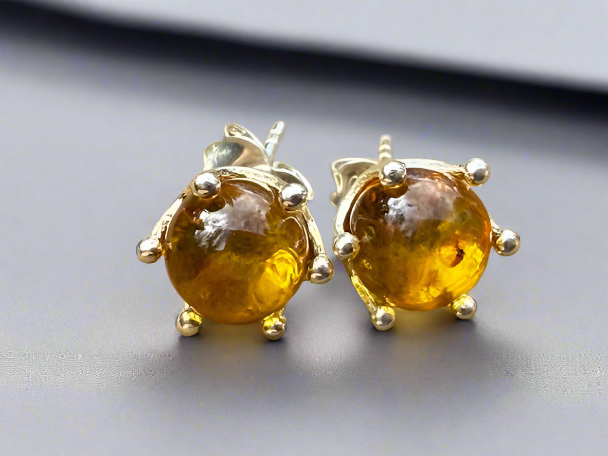 Pair of amber stud earrings on a wooden surface