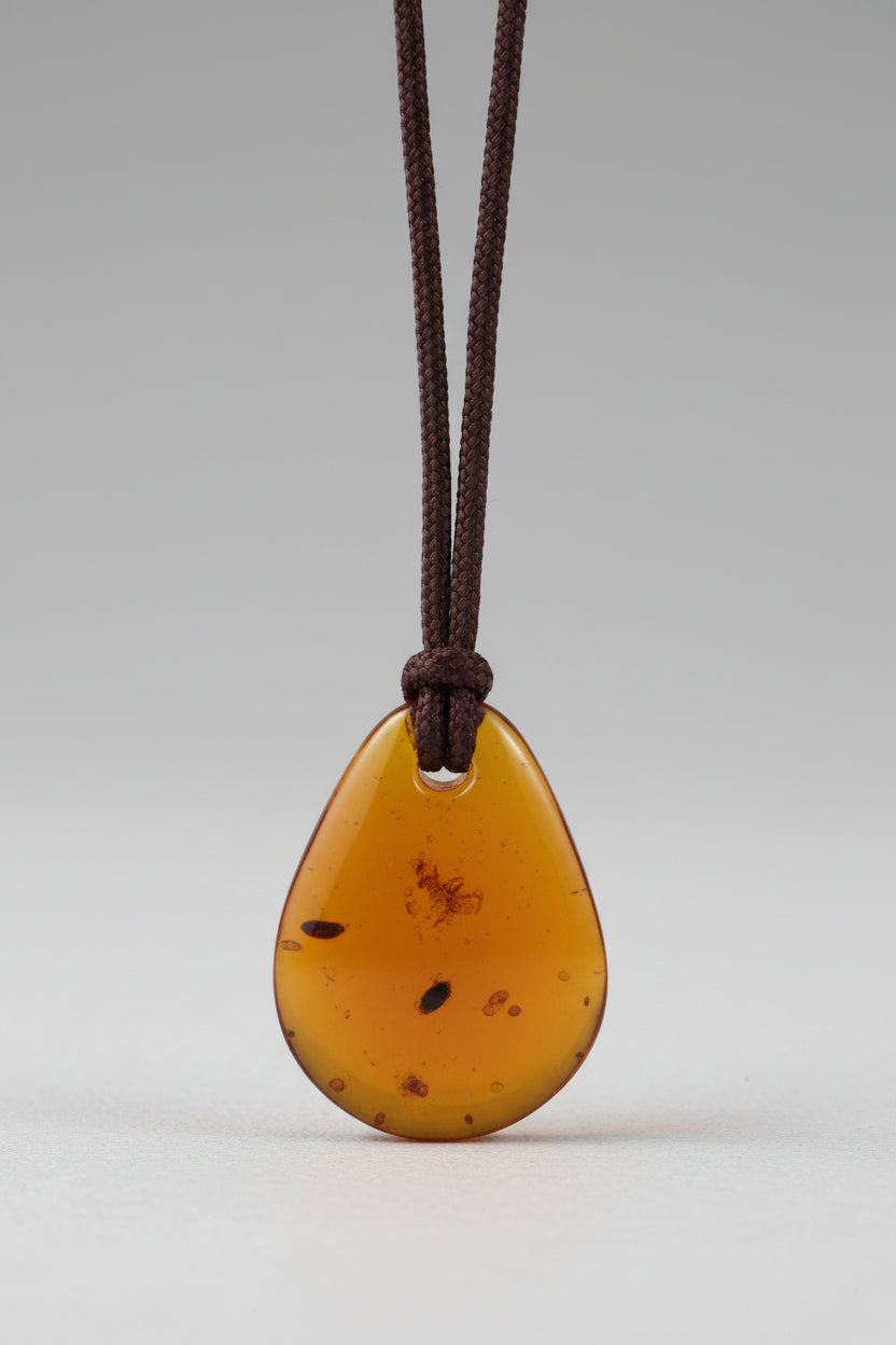 Amber-colored pendant on a string against a light background