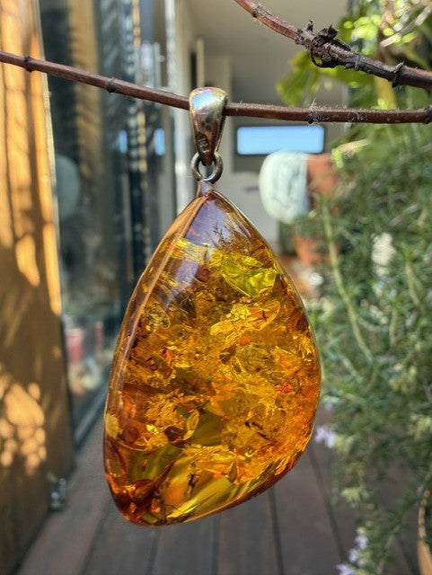 Polished Cognac Amber & Sterling Silver Pendant