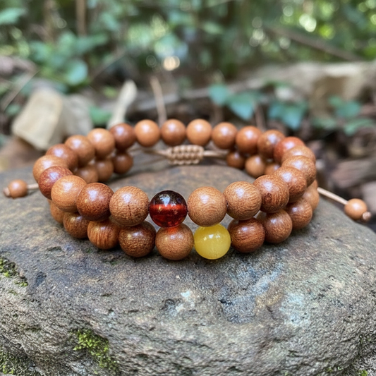 Adjustable sandalwood and amber bracelet