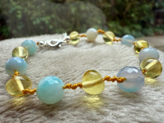 Amber & Opalite Adjustable Bracelet with Silver Clasp