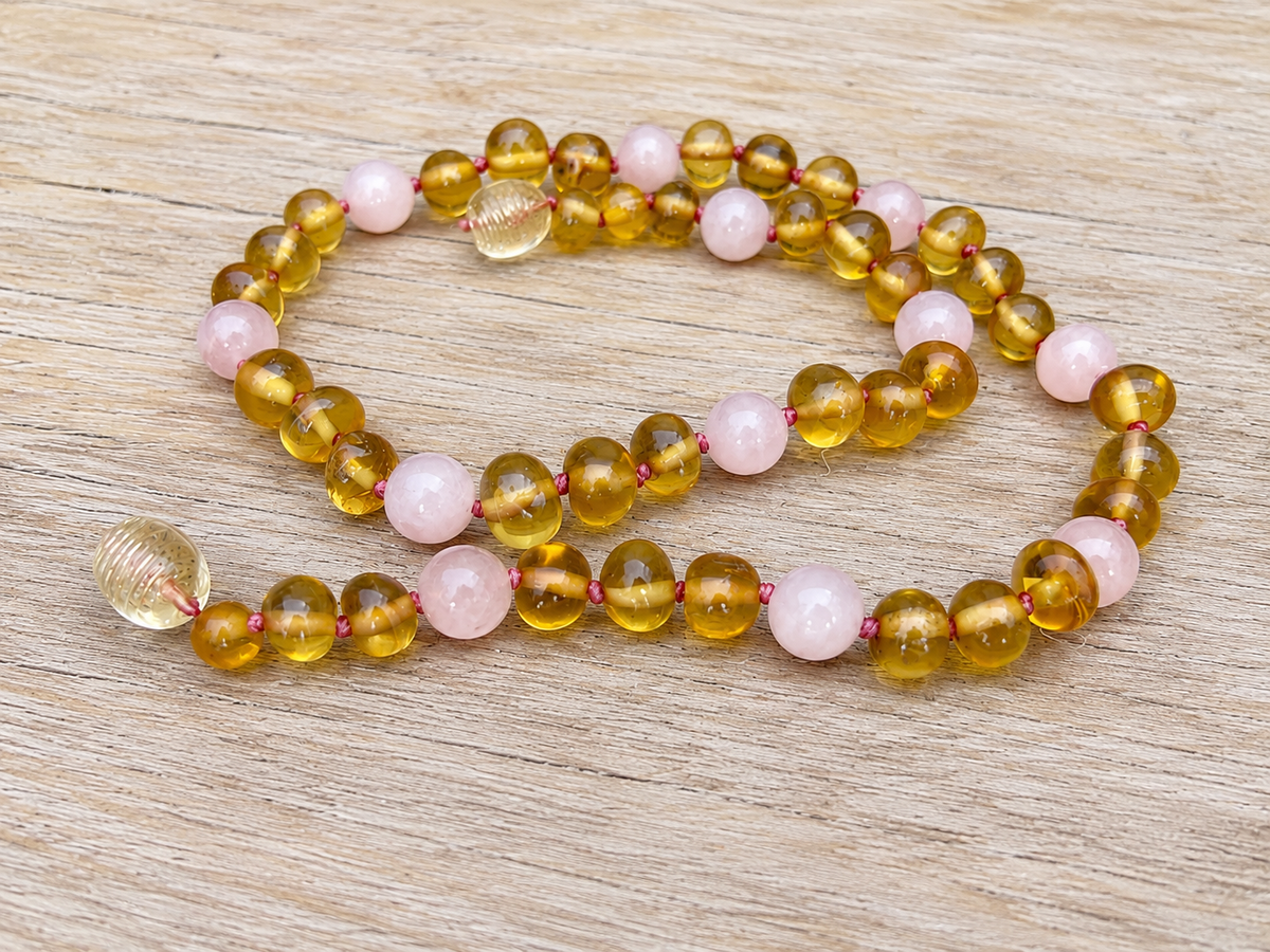 Amber Teether Necklace – genuine Baltic amber and rose quartz – Amber House