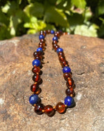 Load image into Gallery viewer, Cognac Amber, Lapis Lazuli Baby necklace - Amber House 
