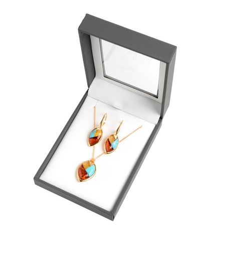 A pair of gold-colored earrings featuring amber and turquoise stones.