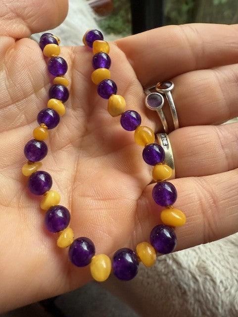 Baltic Amber and Amethyst necklace 45 cm