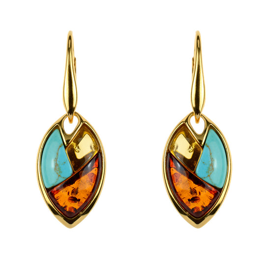 A pair of gold-colored earrings featuring amber and turquoise stones.