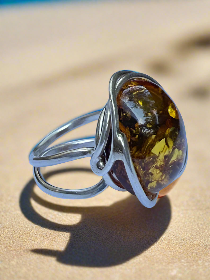 Honey Silver Amber Ring