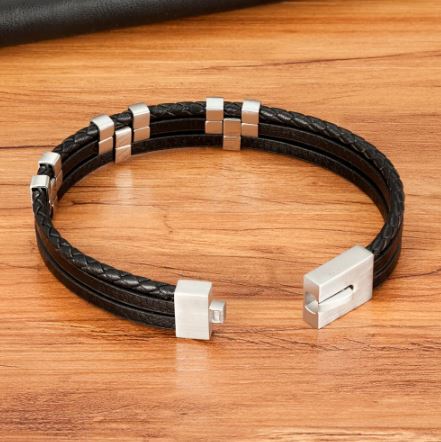 Three band Leather Bracelet black