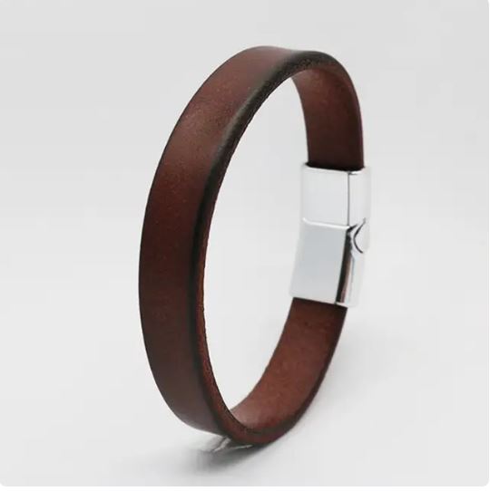LES POULETTES Men's Leather Bracelet - Dark Brown Wide Strap With Stainless Steel Clasp