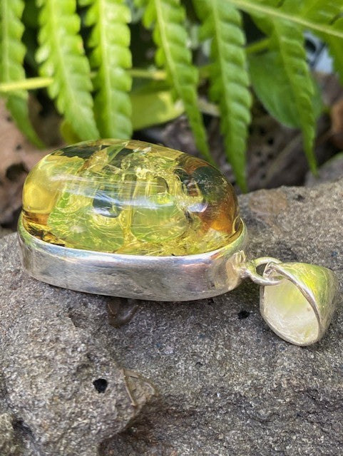 Silver Green Amber Pendant