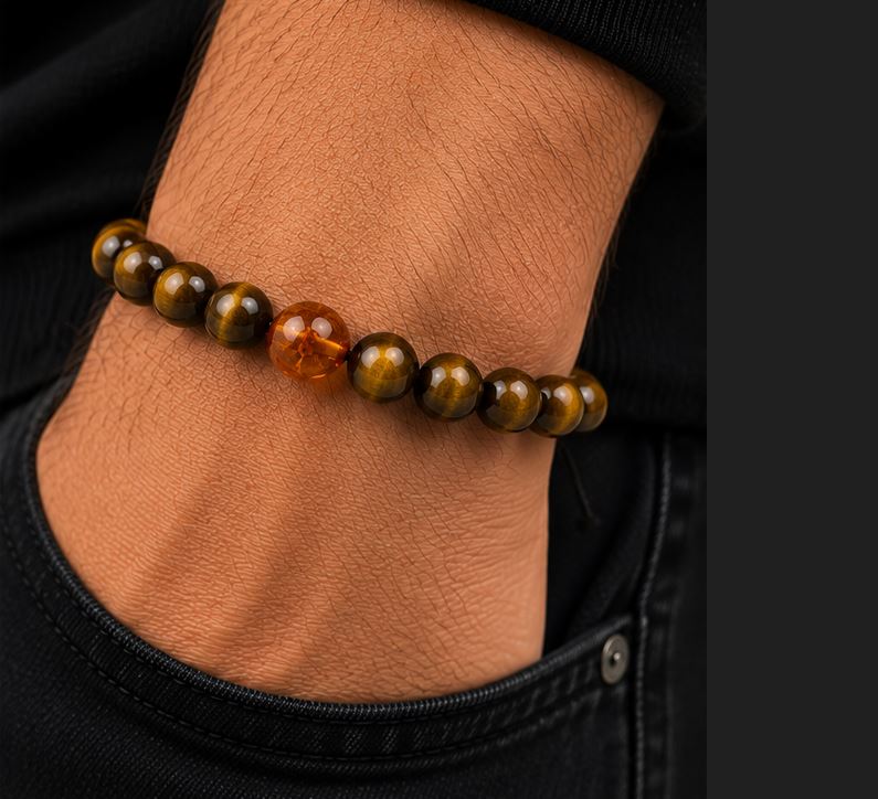 Tiger Eye & Baltic Amber Adjustable Men's Bracelet
