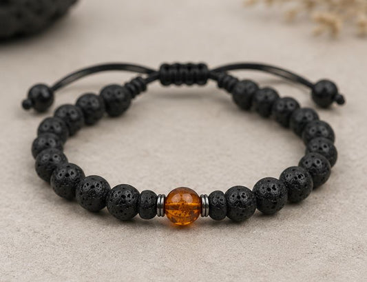 Men's Baltic amber and lava stone beaded bracelet – adjustable – Amber House