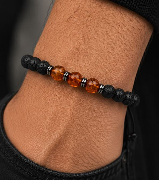 Adjustable Lava Stone & 3 Baltic Amber Bead Bracelet