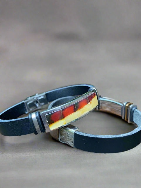 Men's leather Bracelet, Gerald. Cognac and Butterscotch on grey background
