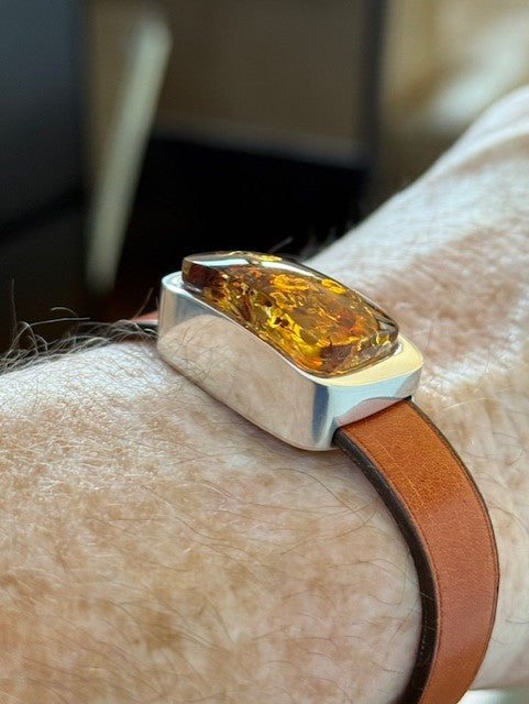 Men’s Amber & Leather Bracelet – Sterling Silver Bezel