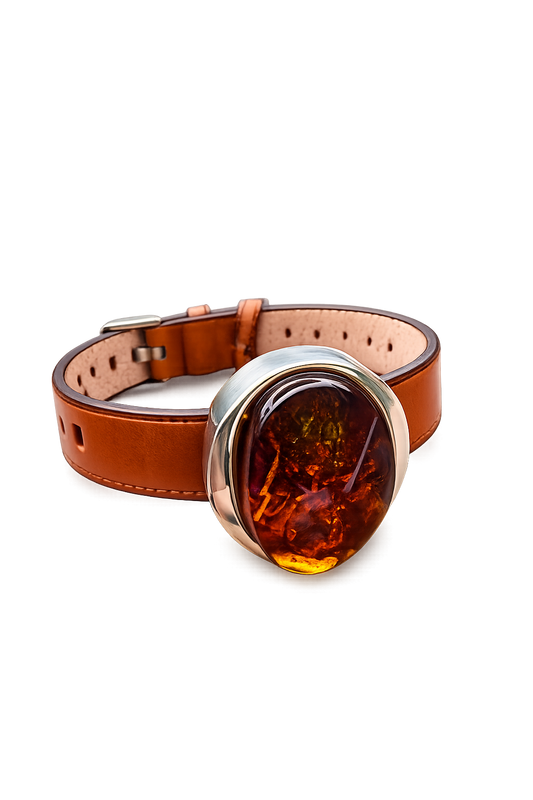 Men’s Amber & Leather Bracelet – Sterling Silver Bezel