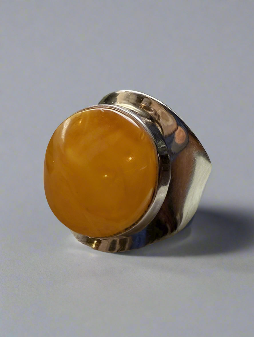 Milky Golden Amber & Sterling Silver Statement Ring