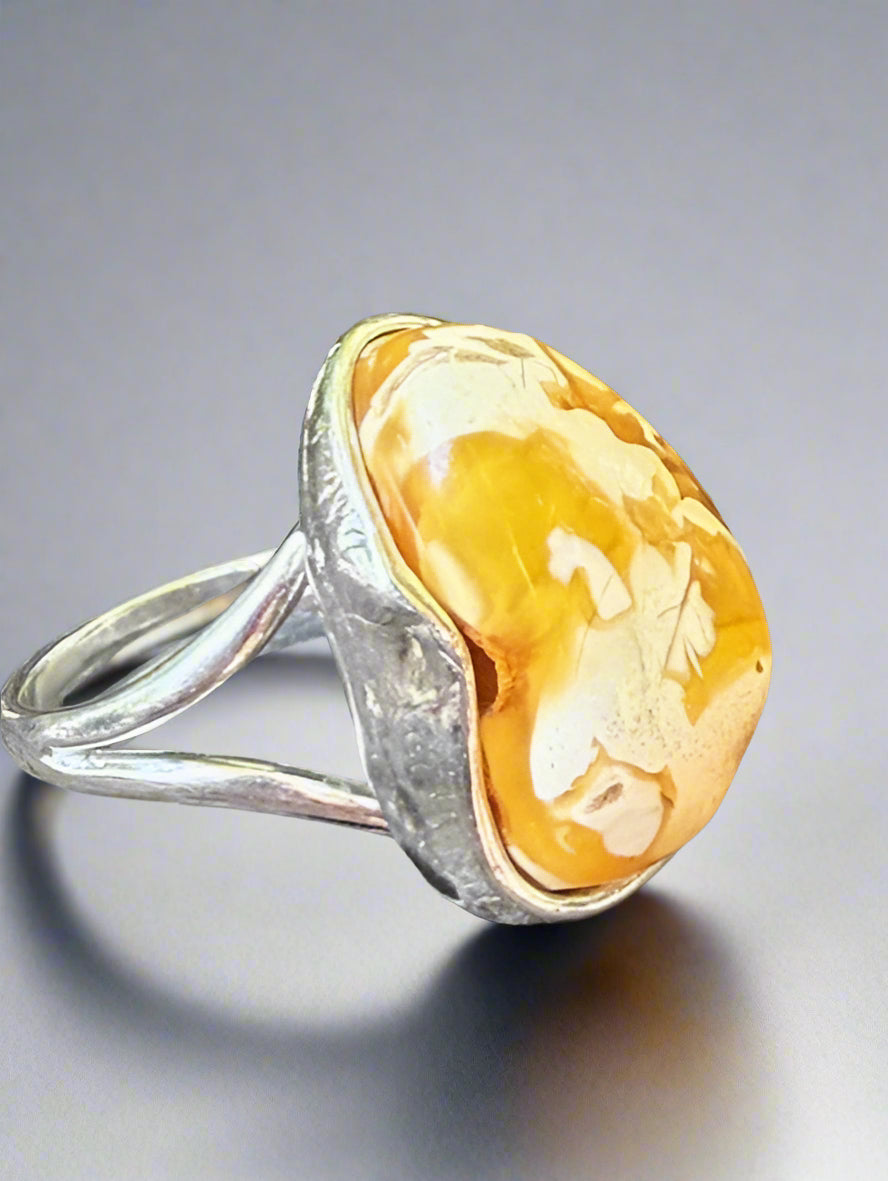 White Amber ring- adjustable