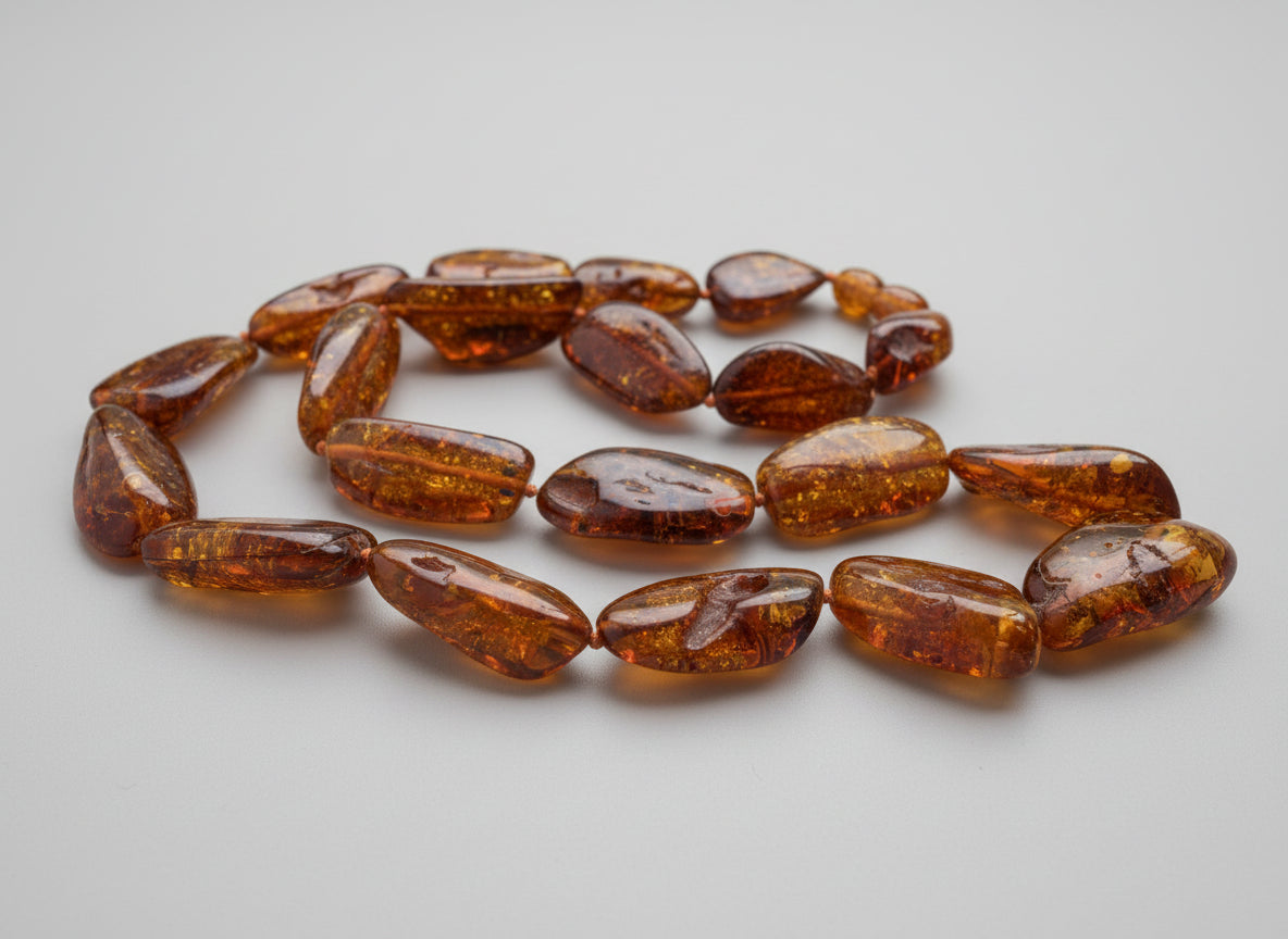 String of amber beads on a textured surface