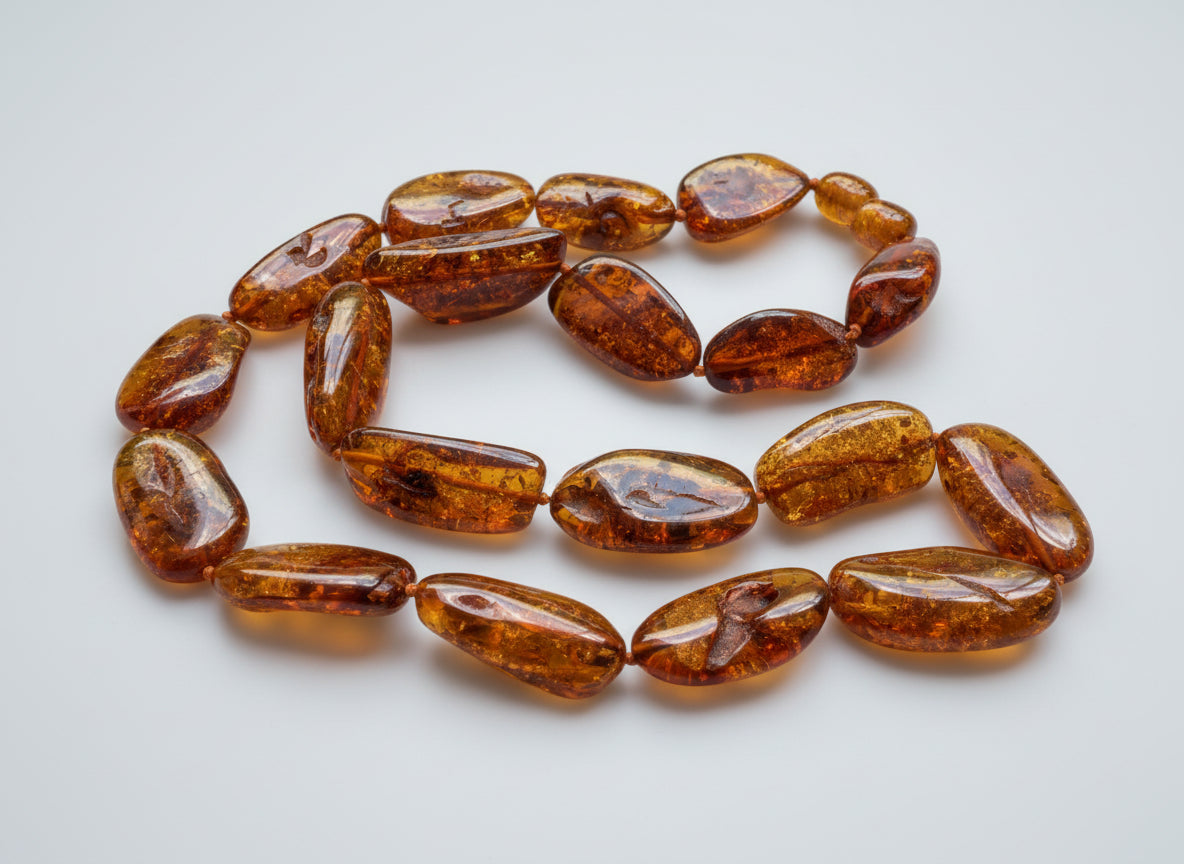 Amber necklace on a textured surface