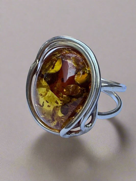 Honey Silver Amber Ring