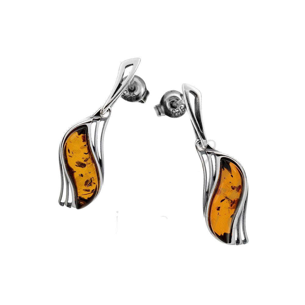 Drop Wave Cognac Baltic Amber earrings - Amber House 
