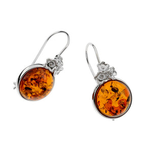 Tri Flower Round Baltic Amber Earrings - Amber House 