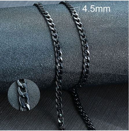 A black stainless steel chain necklace laid out on a textured surface, with a focus on the chain's width which is 4.5mm.