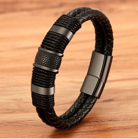 Black Leather Men's bracelet