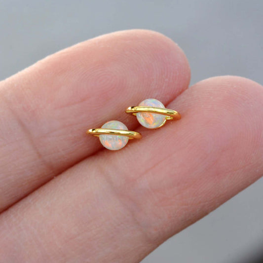 White Opal Saturn Stud Earrings- Gold - Amber House 